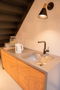 立山町LOCOMOTION COFFEE AND BED的厨房柜台设有水槽和台灯。