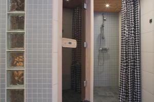 基律纳Aurora Cabin的浴室设有蓝色瓷砖墙壁和淋浴。