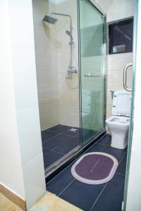 拉各斯MOBAK APARTMENT的一间带玻璃淋浴和卫生间的浴室