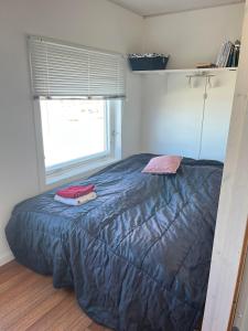 伊卢利萨特Jomsborg Ilulissat的一间卧室配有一张带蓝色棉被的床和窗户。