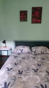 蒂黑Global Trip Apartament的卧室内的一张床铺,墙上有两张照片