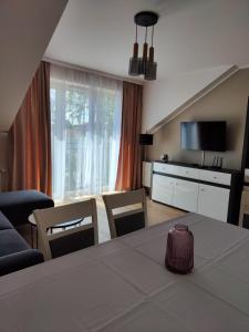 苏瓦乌基Villa Leofal的客厅配有桌椅和电视。