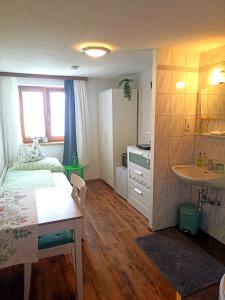 因斯布鲁克Gästehaus Alpenblick的一间带床和水槽的小卧室