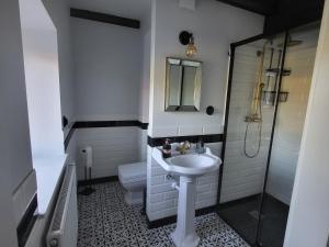 瓦尔米亚地区利兹巴克Krzywa Apartamenty的一间带水槽、淋浴和卫生间的浴室