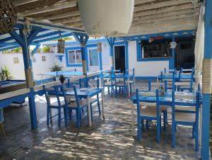 茹里洛夫卡Pensiune Blue Coral Jurilovca的一间配备有蓝色桌椅的用餐室
