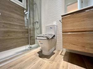 马德里Excelente piso en barrio Salamanca!的一间带卫生间和玻璃淋浴间的浴室