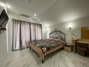 基希讷乌Villa aeroport розовый дом的一间卧室设有一张床和一个大窗户