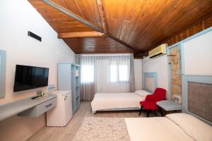 格克切达镇Yakamoz Hotel Gökçeada的一间卧室配有一张床、一台电视和一张沙发