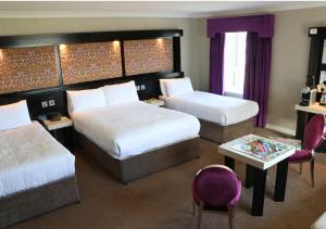 戈尔韦弗兰尼瑞斯酒店的酒店客房带两张床和一张桌子以及椅子。