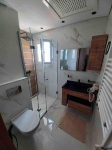苏塞Lilia's house Al Kantaoui的带淋浴、卫生间和盥洗盆的浴室