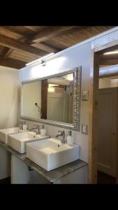 塞拉瓦莱皮斯托耶塞AgriGlamping La Diaccia的一间带两个盥洗盆和大镜子的浴室