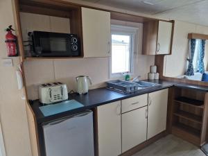 惠特利湾Let's Caravan at Whitley Bay的一间带水槽和微波炉的小厨房