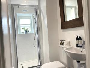 圣贾斯特Charming Studio in Heart of Vibrant St Just, West Cornwall的带淋浴、卫生间和盥洗盆的浴室