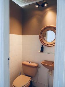 圣吕斯La Villa Didine的一间带卫生间、水槽和镜子的浴室