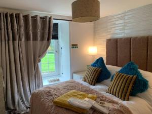 斯塔特海文Central Scotland Country Side With Outdoor Bbq Hut的一间卧室配有一张带蓝色枕头的床和一扇窗户。