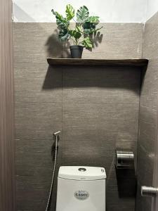 胡志明市T Zone Hostel的浴室设有卫生间,架子上种植了植物