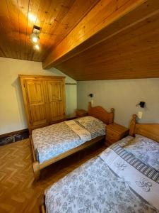 莫尔济讷Chalet Chez Gaby 2的客房设有两张床,配有木制天花板和木地板。