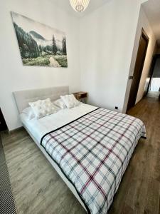波亚纳布拉索夫Apartament lux Poiana Brasov B23的一间卧室配有一张大床和一张铺着条纹毯子