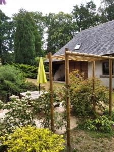 莫尔莱Maison dans un environnement boisé très calme的一座花园,房子前有一把黄色的雨伞