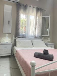 爱琴娜岛Aiginetan Apartments的一间卧室配有一张带粉色毯子的大床