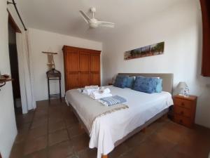 比纽埃拉Casa Amani的卧室配有带蓝色枕头的大型白色床