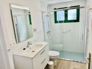 法马拉Famara Frontsea house的一间带水槽、卫生间和淋浴的浴室