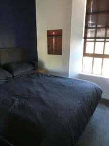 普雷斯蒂克Prestwick Flat Central Location的一间卧室配有一张带蓝色棉被的床和窗户。