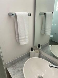 瓜达拉哈拉Depa enfrente del Hotel RIU @serra的浴室配有盥洗盆、镜子和毛巾