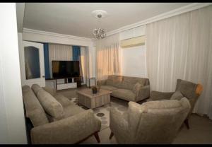米拉斯Başaran tatil evleri的客厅配有2张沙发和1台平面电视