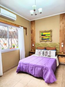 马丁内斯Jazmines Apart的一间卧室设有紫色的床和窗户