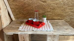 尼兹马拉提尼Malé Milé Áčko的一张桌子,上面放着红色的盘子,上面放着杯子和一瓶
