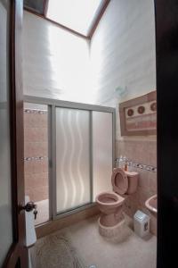 洛哈Vilcabamba casa / granja Vilcabamba house / farm的一间带粉红色卫生间和盥洗盆的浴室