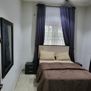 Ekehen247 City Apartment - Home away from home的一间卧室配有一张带紫色窗帘的床和窗户。