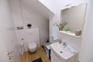伊穆尼Apartman Eva的白色的浴室设有水槽和卫生间。