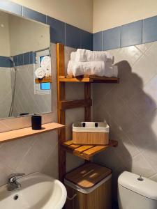 SkálaLuxury Beach Villa的一间带水槽、卫生间和镜子的浴室