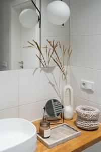 克拉科夫Unique & Modern Apartment Zabłocie的一间带水槽和花瓶的台面浴室