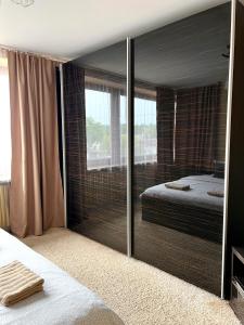 卢布林Pokoje Rezydencja Parysa的卧室配有带床的大型玻璃壁橱