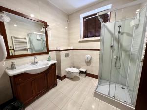 卢布林Pokoje Rezydencja Parysa的浴室配有卫生间、盥洗盆和淋浴。