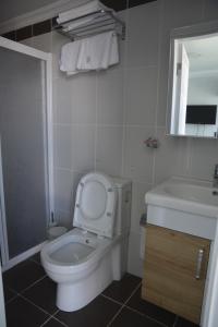 艾瓦勒克Ege Apart & Hotel的白色的浴室设有卫生间和水槽。