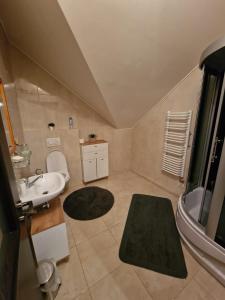 巴尔代约夫Villa Florencia的浴室配有盥洗盆、卫生间和浴缸。