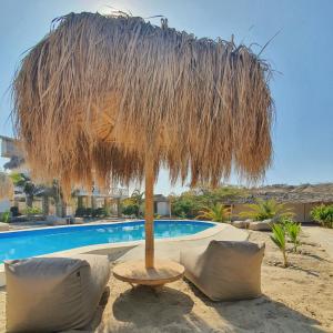 维加伊托Oasis de Vichayito的一把草伞、两把椅子和一个游泳池