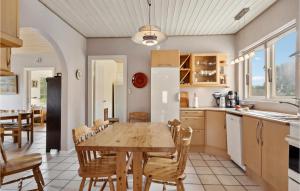 StenstrupAwesome Home In Stenstrup With Wifi的厨房以及带木桌和椅子的用餐室。