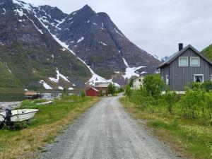SpildraHoliday home Reinfjord的一条土路,有房子,有山