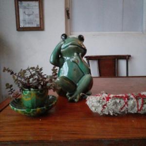 巴亚尔塔港Vive Alegria Hostel的坐在桌子上的青蛙雕像