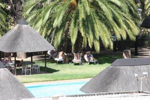 温特和克Mercure Hotel Windhoek的游泳池,里面的人坐在椅子上,棕榈树