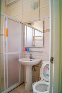 金宁乡金门幸福树舍背包客栈民宿的一间带水槽、卫生间和镜子的浴室