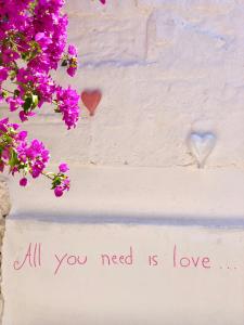 奥斯图尼马塞里亚里恩佐酒店的白色的墙,花色紫色,上面有读到你所需要的一切的标志,就是爱
