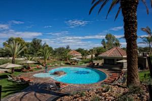 温特和克Mövenpick Hotel Windhoek的棕榈树度假村的游泳池