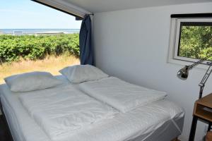 MartofteHoliday home with panoramic ocean view near Kerteminde的窗户间内的一张带枕头的床