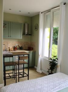Saint-Laurent-de-BrévedentBEAU STUDIO DANS VILLA DE CHARME的厨房配有绿色橱柜、桌子和窗户。